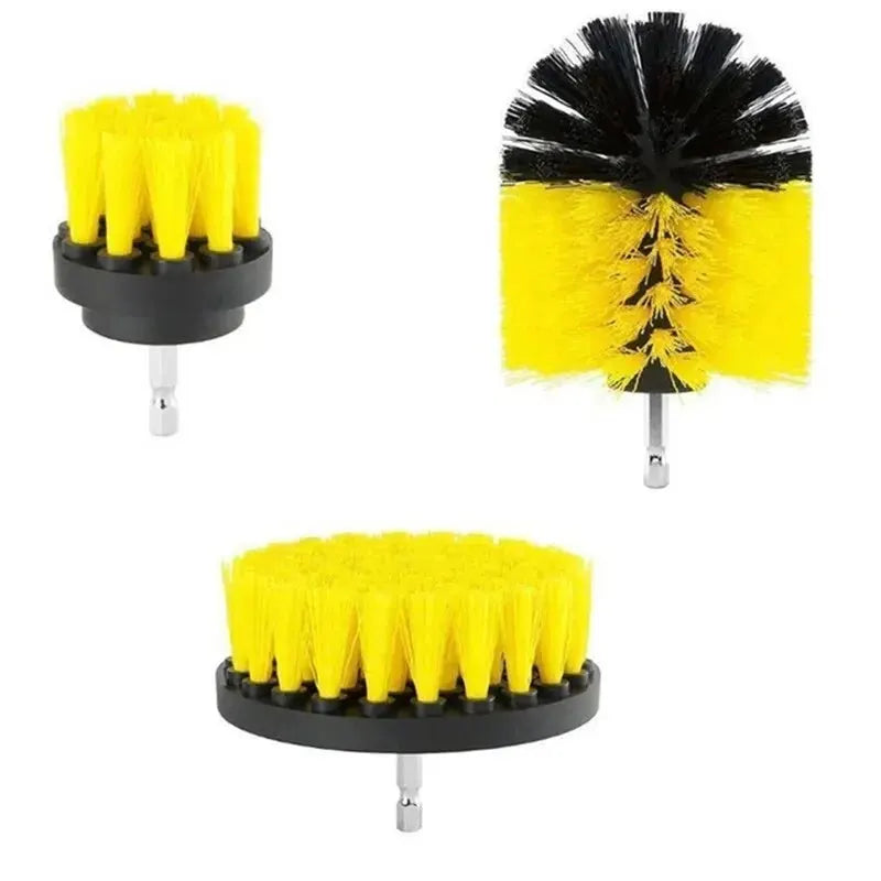 A set of three yellow and black scrubbing brushes for cordless drills.