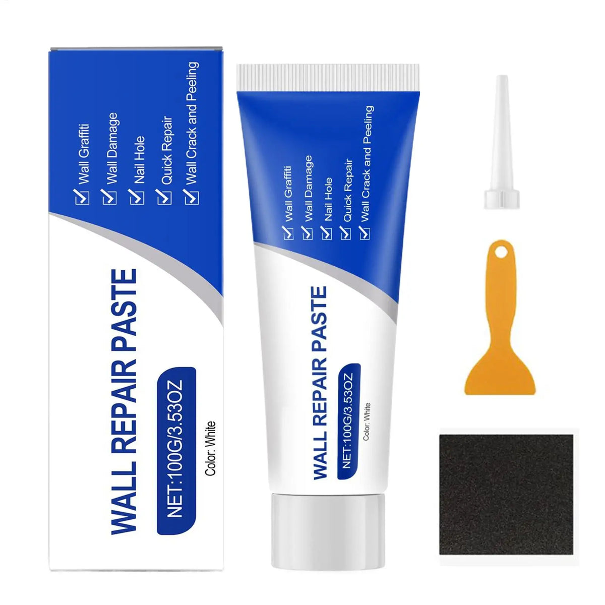 A tube of Wall Repair Paste with a plastic applicator and a black sanding pad for drywall repair.