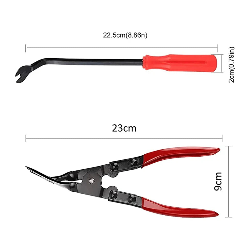 A black and red automotive trim removal tool kit featuring a long lever and a clip puller component.