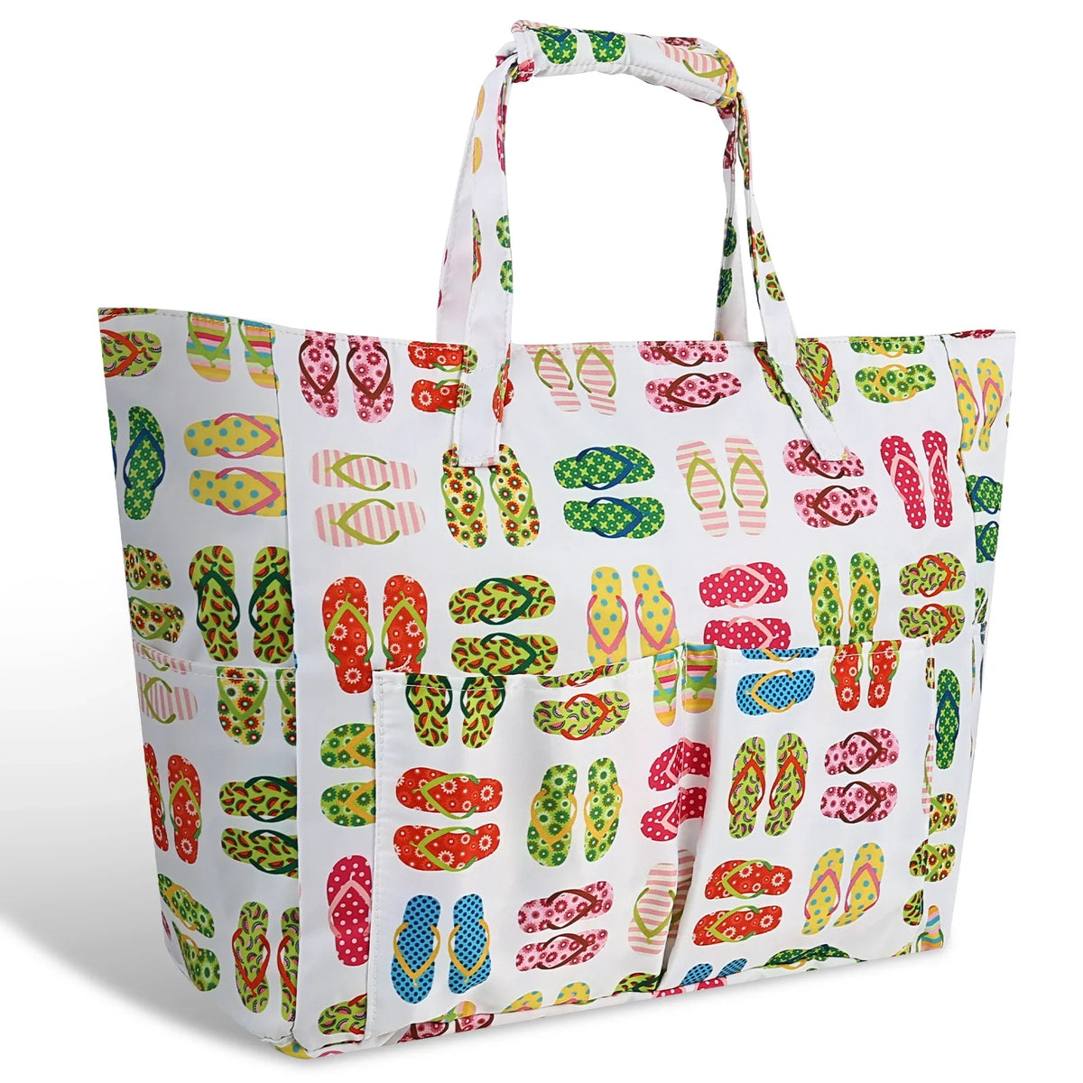 Sac de plage en toile blanche avec motif floral coloré et poche étanche.