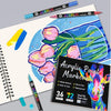 A pack of dual-tip acrylic paint markers featuring bright colors and a pink flower design on white paper.