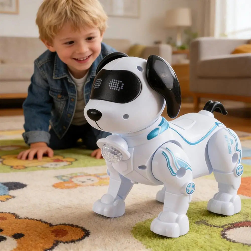 A white and black robot dog toy is shown sitting on a colorful rug next to a young boy.