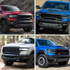 Close-up views of red front tow hook covers for RAM 1500 trucks in various colors and angles.