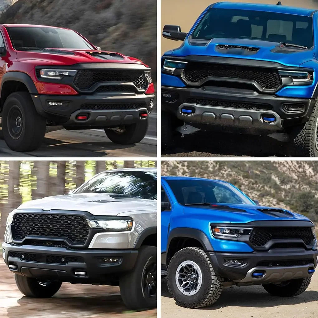 Close-up views of red front tow hook covers for RAM 1500 trucks in various colors and angles.