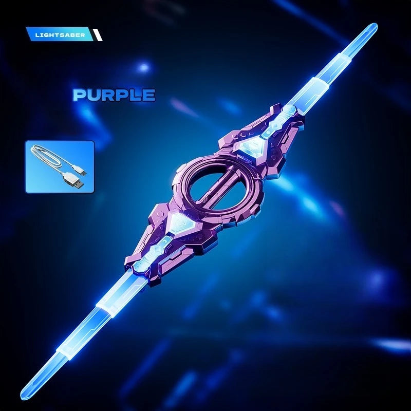 A purple lightsaber with a rotating blade and a distinctive hilt is displayed against a dark blue background.
