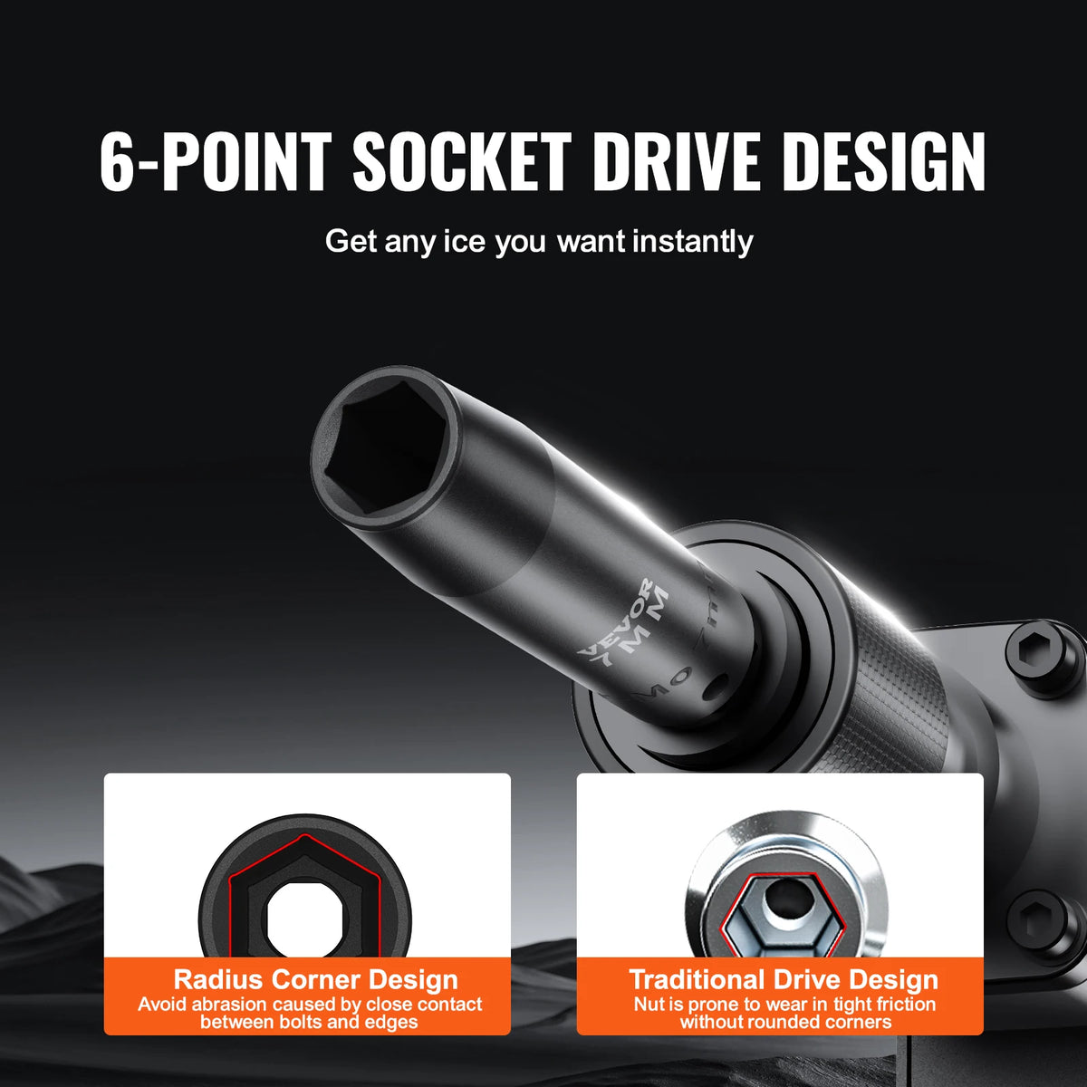 Close-up view of a black 6-point socket drive design for tools, highlighting radius corner and traditional drive features.
