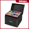 A black box containing 168 alcohol markers with various colors arranged in rows.