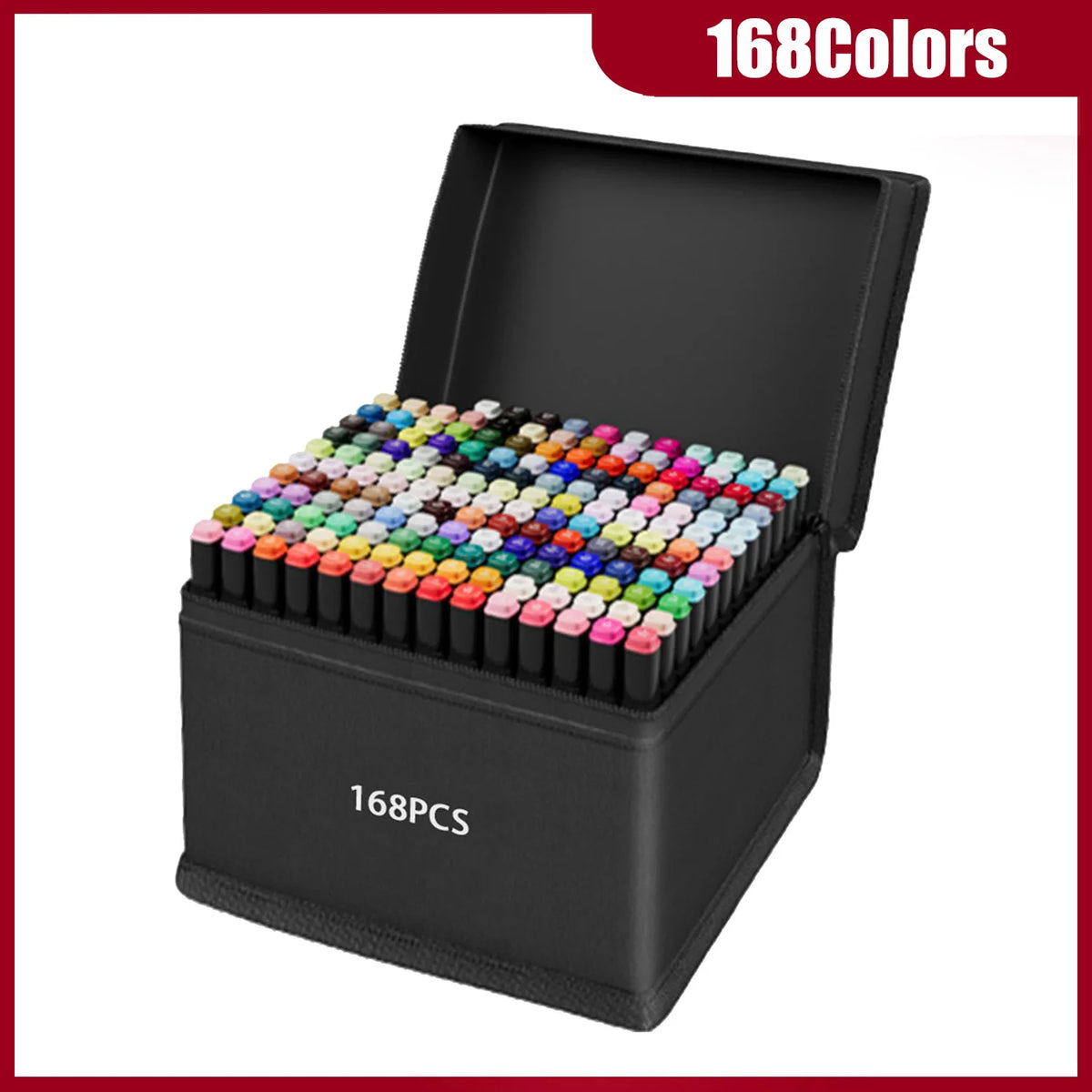 A black box containing 168 alcohol markers with various colors arranged in rows.