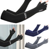 A set of black, navy blue, and gray ice silk UV protection arm sleeves shown on an arm.