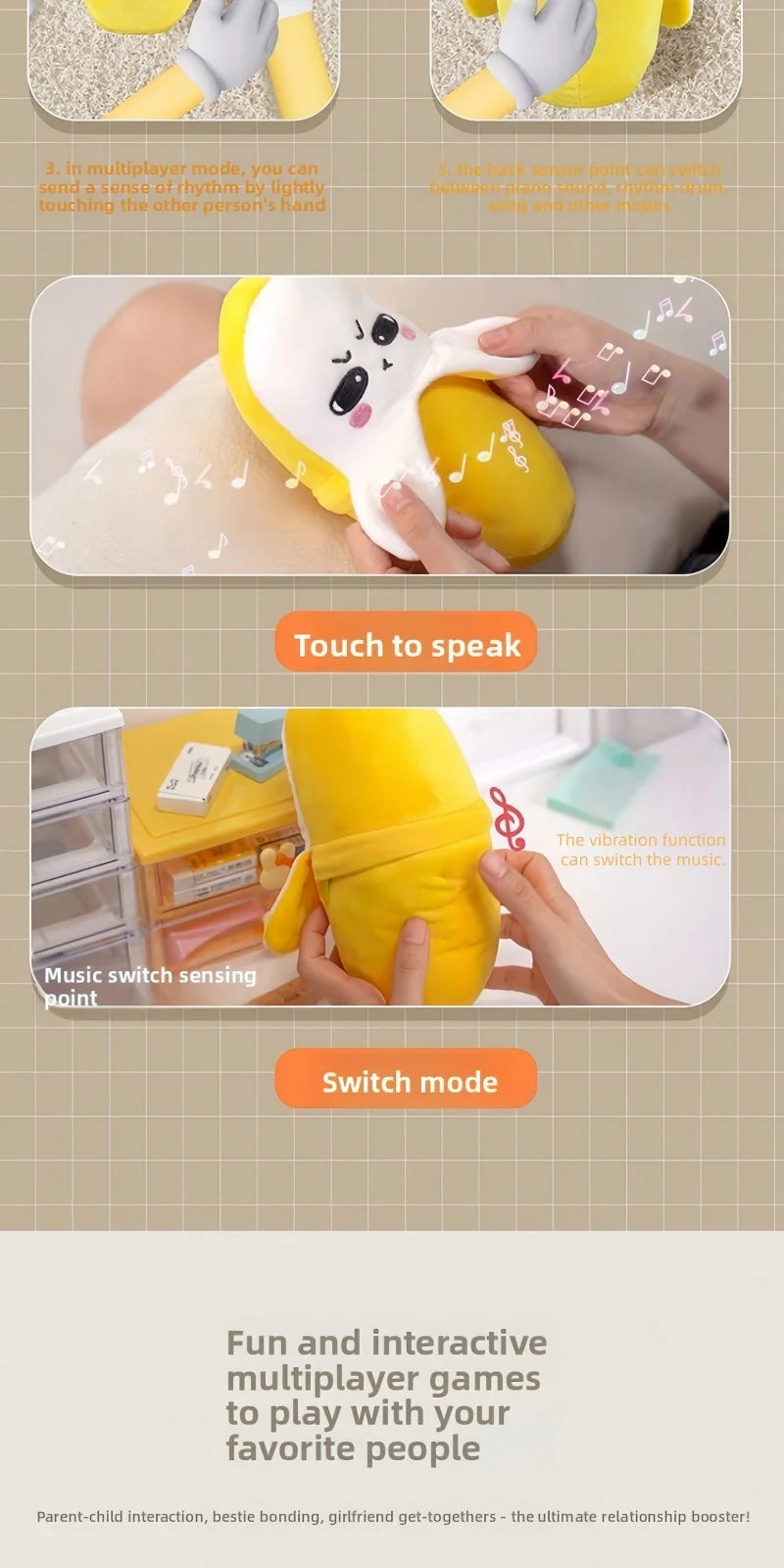 A yellow musical plush toy used for interaction and games, showing various functions like touch to speak and switch mode.