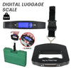 A black digital luggage scale is shown with a display reading 5.94KG and a green carrying case.