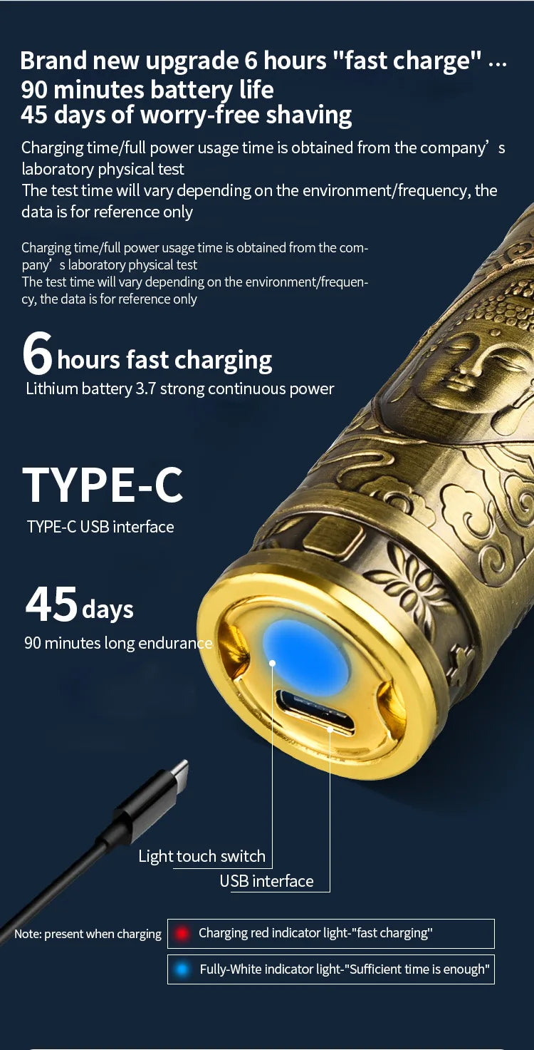 A close-up of a gold-colored electric shaver with a Type-C interface and various indicators for charging and battery life.