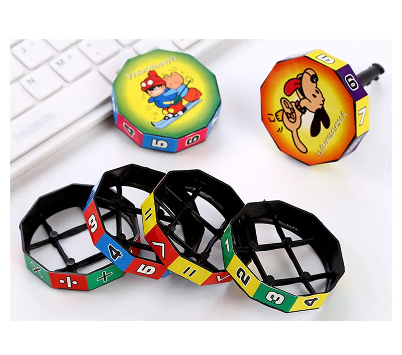 A set of colorful Montessori math cubes featuring numbers and arithmetic concepts for children.