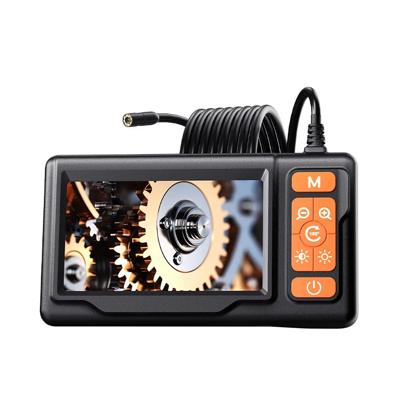 Black industrial endoscope inspection camera with a screen and coiled cable.