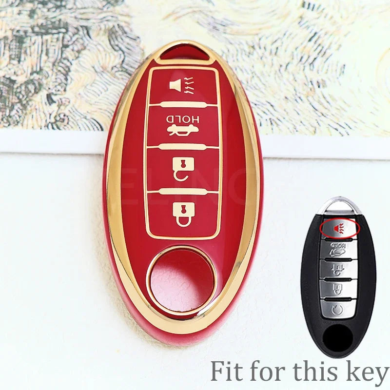 A red and gold soft TPU car key fob cover with five buttons, shown next to the original key.