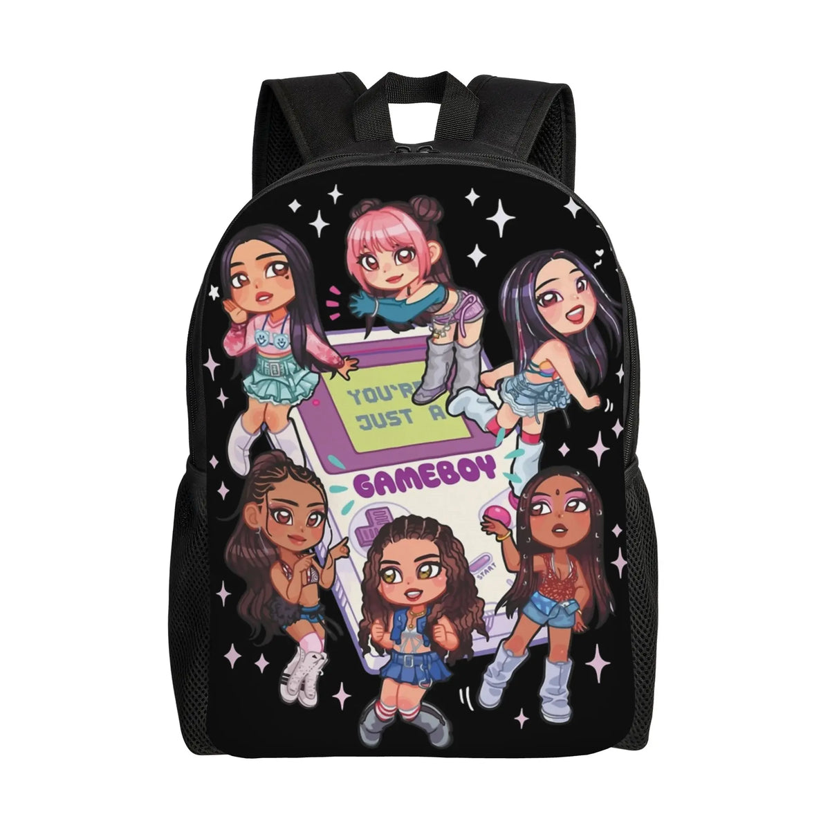 Black canvas backpack featuring illustrations of several anime-style girls.