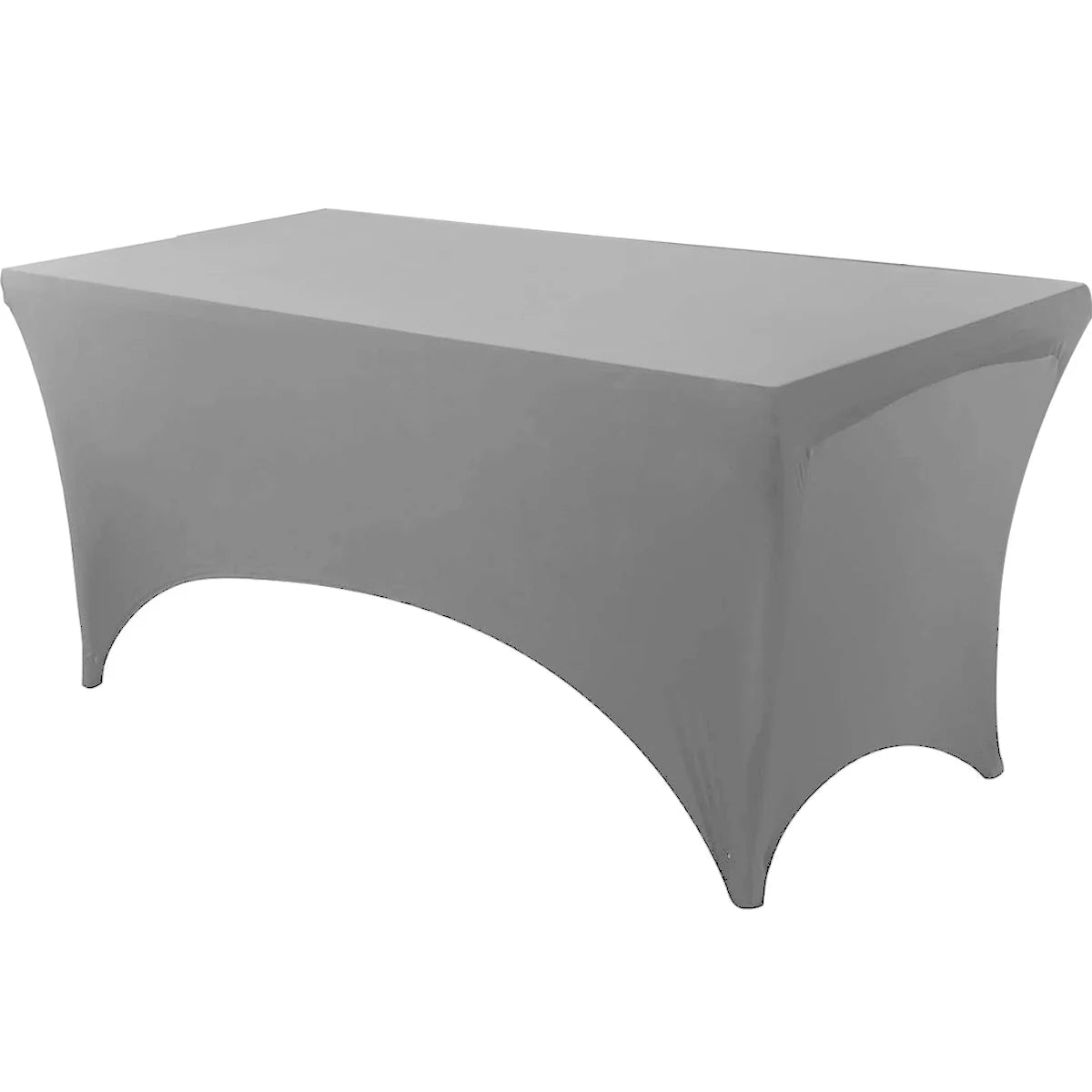 A gray stretchable spandex tablecloth covering a rectangular table.