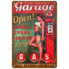 Vintage metal tin sign advertising an open garage with text like Full Service Garage Mechanic on Duty and cheap gas beer & ic