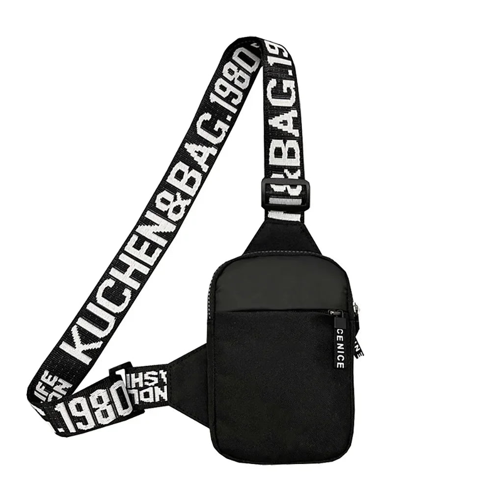 Black canvas chest bag with black strap featuring the text KUCHEN&BAG 1980