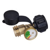 A black digital propane tank gauge with a leak detector and brass fitting.