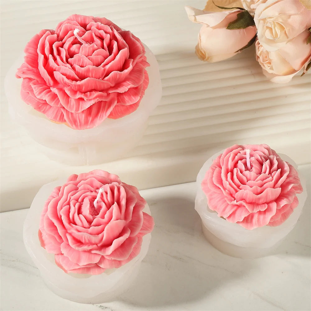Pink 3D peony flower silicone mold used for making candles, resin, and soap