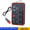 A black portable car power inverter with dual AC outlets and four USB ports, featuring a red trim and a digital display.