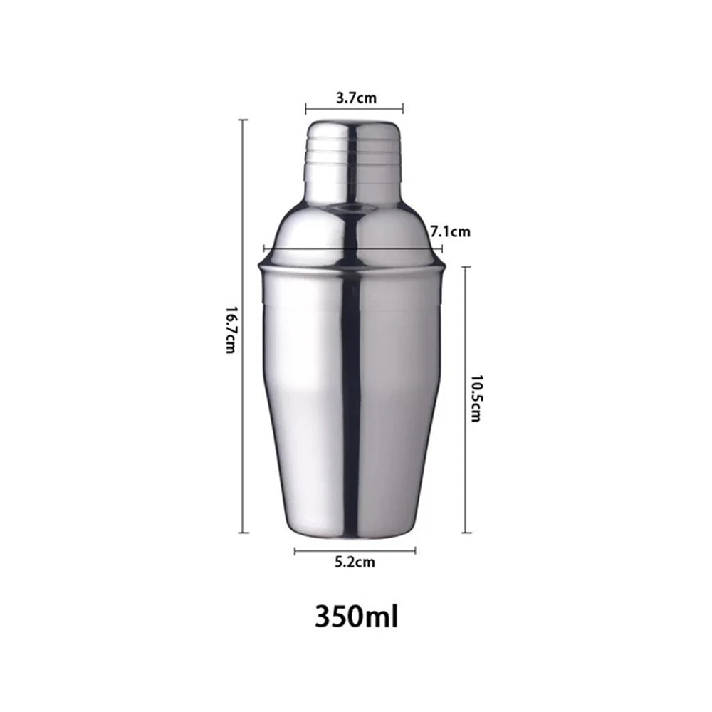 A silver stainless steel cocktail shaker with a tapered design.