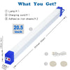 A long white LED light bar is shown with accessories including a lamp, charging cord, and adhesive iron sheets.