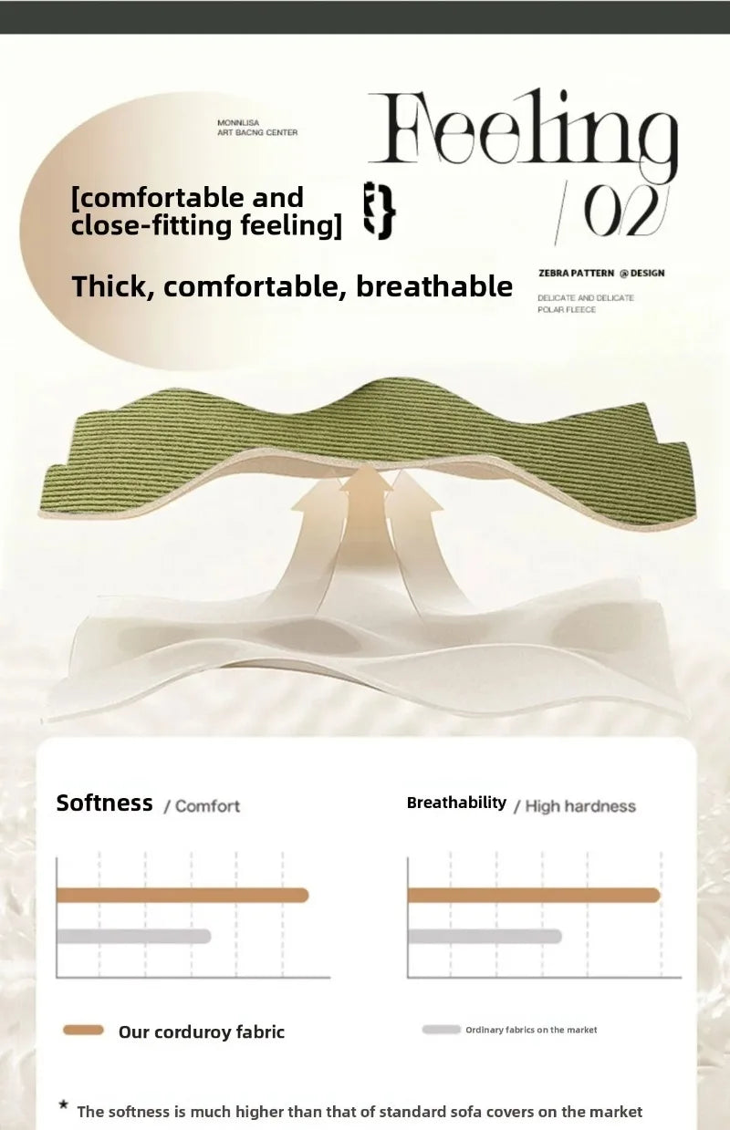 A close-up view of a thick, comfortable, breathable fabric sofa cover in olive green.