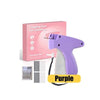 Purple tagging gun for clothing with needles and fasteners shown on a white background.
