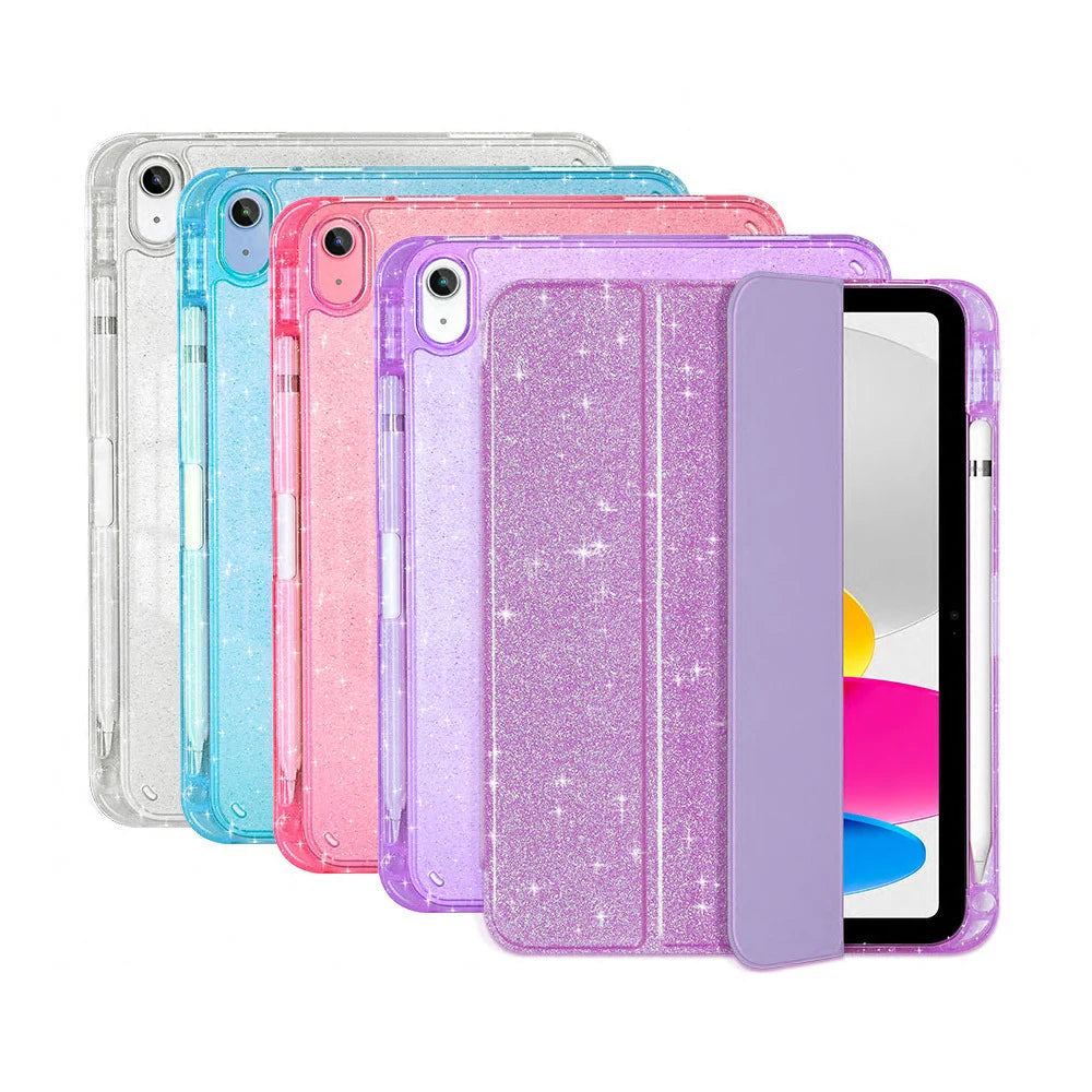 Set aus fünf glitzernden Etuis und Ständern für iPad Pro in Blau, Pink und Lila.
