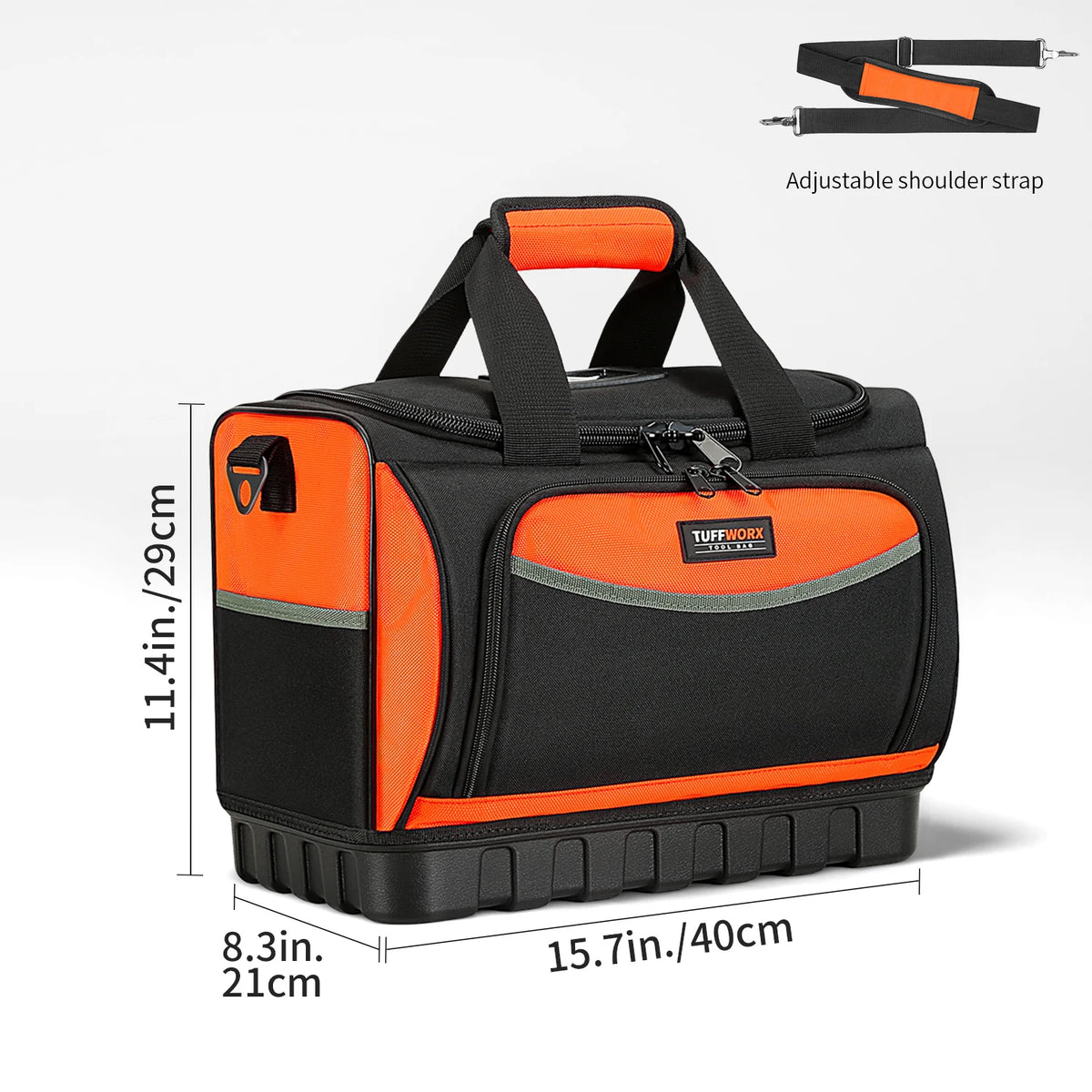 Orange and black heavy-duty tool bag with an adjustable shoulder strap shown in a side view.