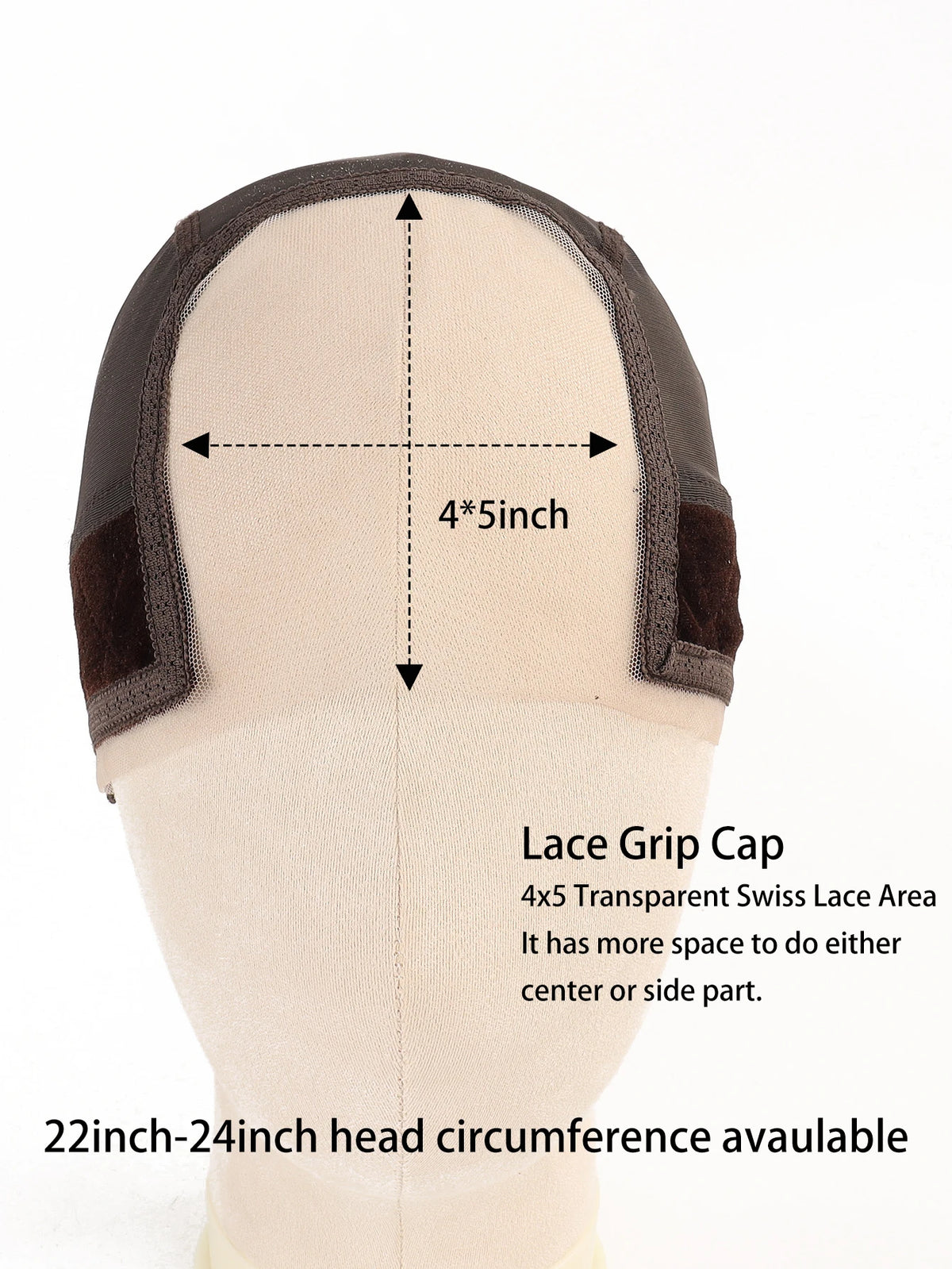 Beige Perücken-Griff-Cap mit dunkelbrauner Samtband und Maßangabe für eine 4x5 Zoll Fläche.