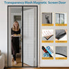 A transparent mesh magnetic screen door installed in a white door frame, showing various resistance features.