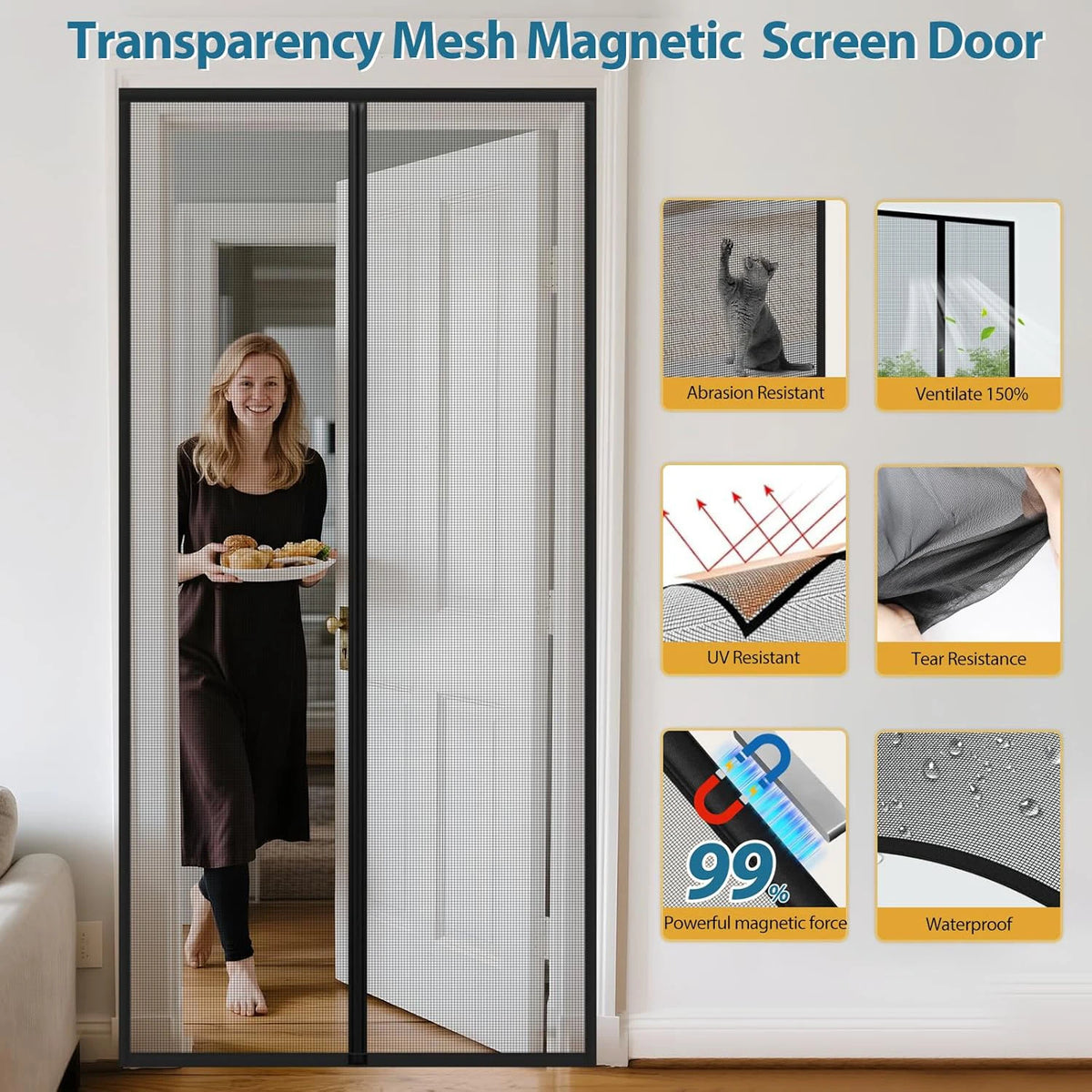 A transparent mesh magnetic screen door installed in a white door frame, showing various resistance features.