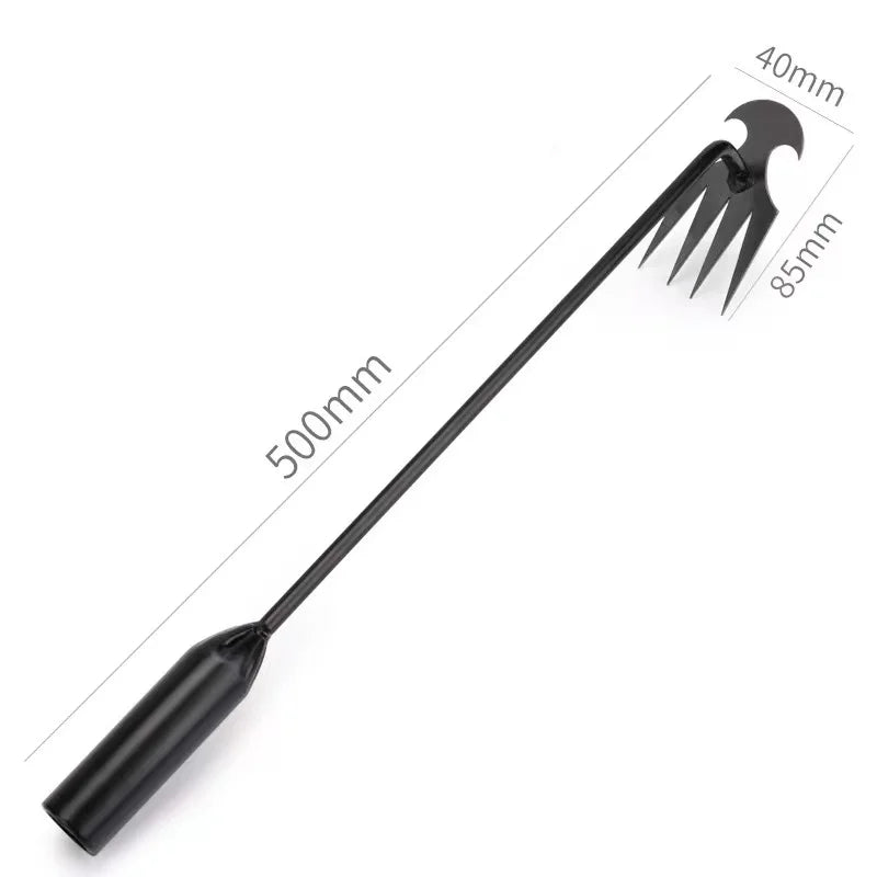 A black 4-tine steel hand weeder with a long handle and precision tines.