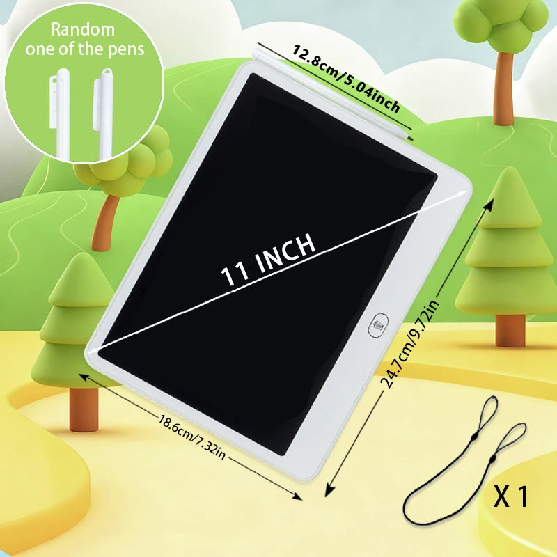 Tablette d'écriture LCD blanche de 11 pouces avec des lignes de mesure et un fond d'arbre vert.