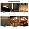Various application scenes showing a motion sensor LED bar light used in a bedside, bedroom, desk, cabinet, wardrobe, and dra