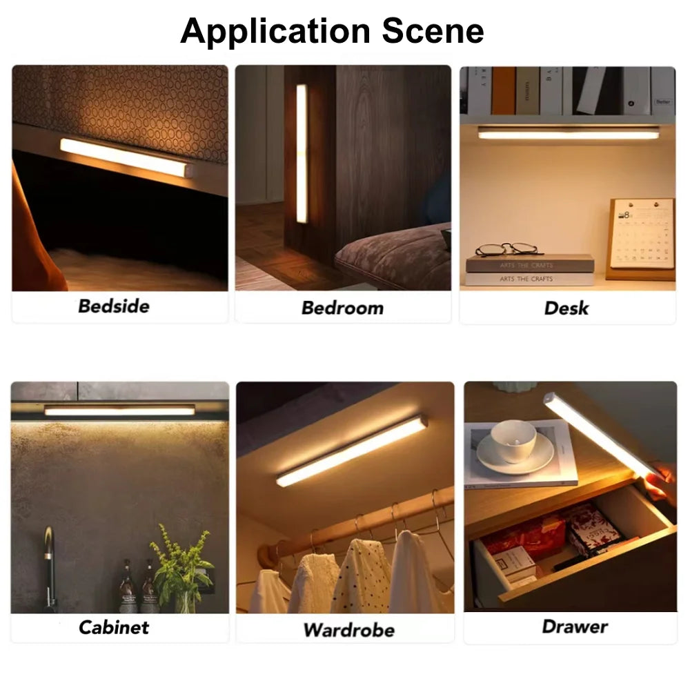 Various application scenes showing a motion sensor LED bar light used in a bedside, bedroom, desk, cabinet, wardrobe, and dra