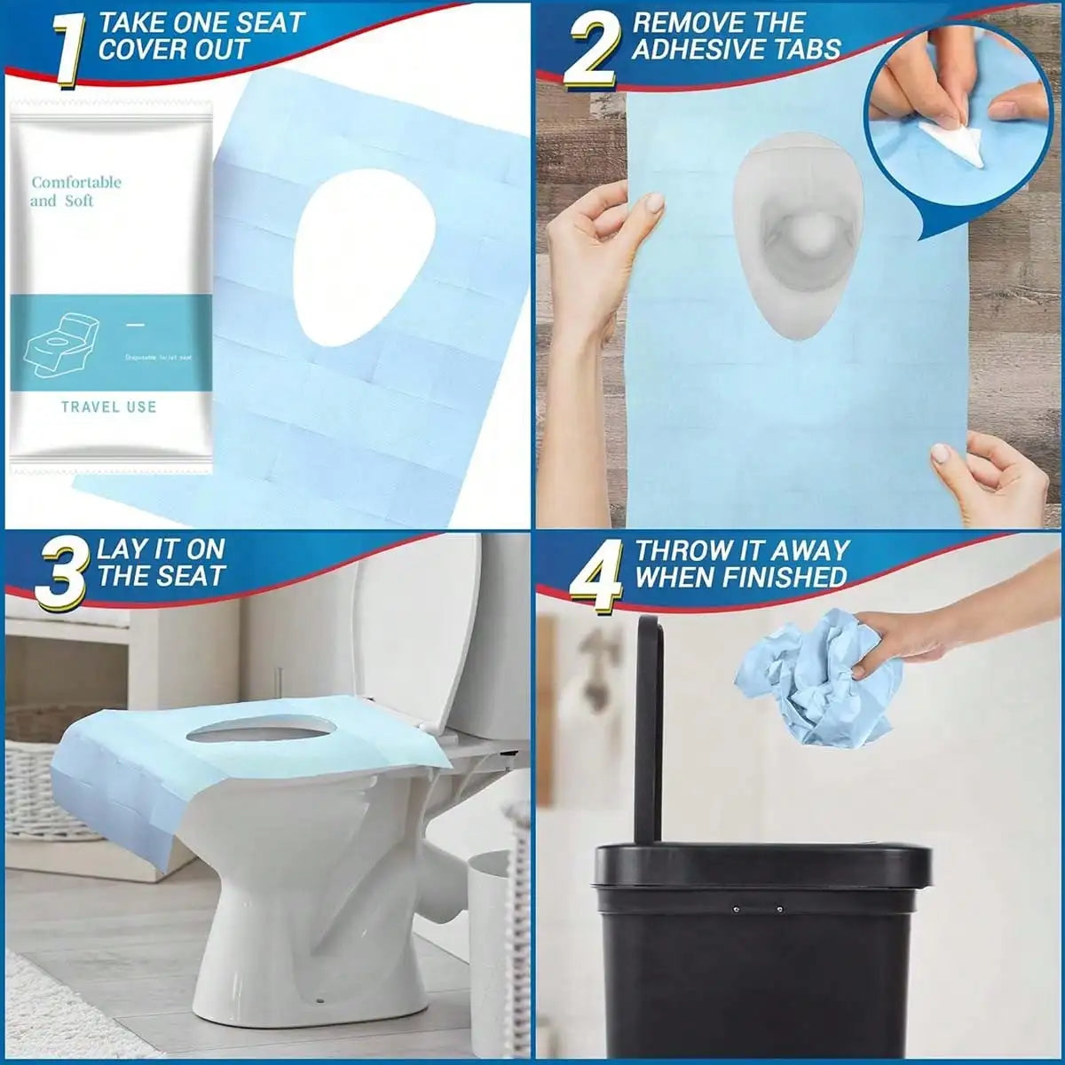 A four-step guide showing how to use disposable flushable toilet seat liners for travel.