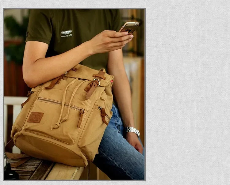 Vintage Canvas Backpack with Leather Accents – Large Capacity Travel & Laptop Bag