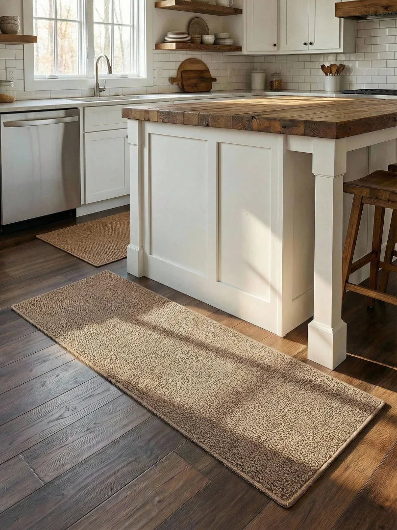 A rectangular natural fiber kitchen runner rug placed on a dark wood floor in a bright kitchen setting.