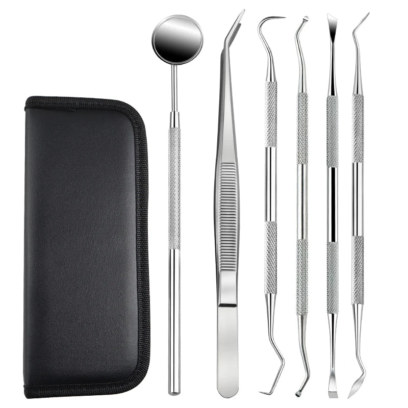 A set of premium stainless steel dental care tools for oral hygiene, including various instruments and a protective pouch.