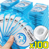 A pack of 100 blue disposable toilet seat covers for travel and portable use.