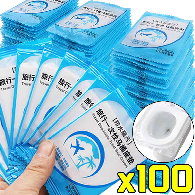 A pack of 100 blue disposable toilet seat covers for travel and portable use.