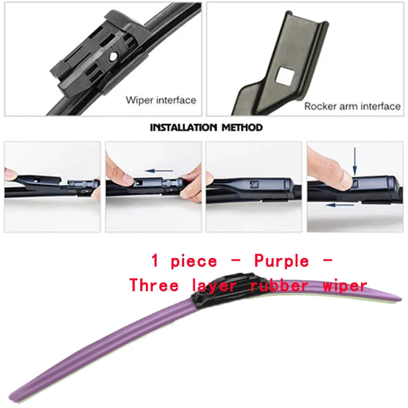 Purple three-layer rubber wiper blade for installation on rocker arm or wiper interface.