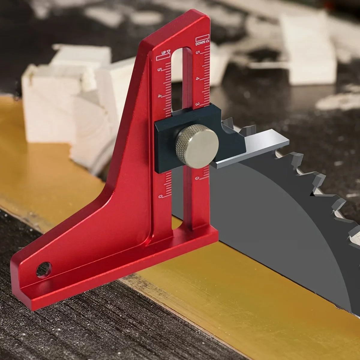 A red precision aluminum height setting gauge is shown measuring a table saw blade against a yellow surface.