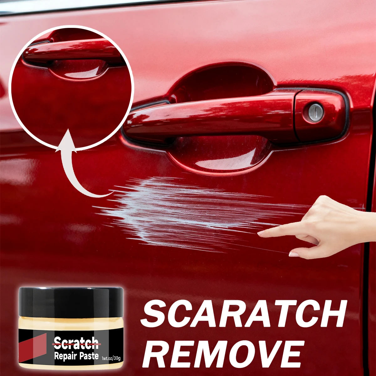 A hand is applying a red repair paste to a red car door to remove scratches.