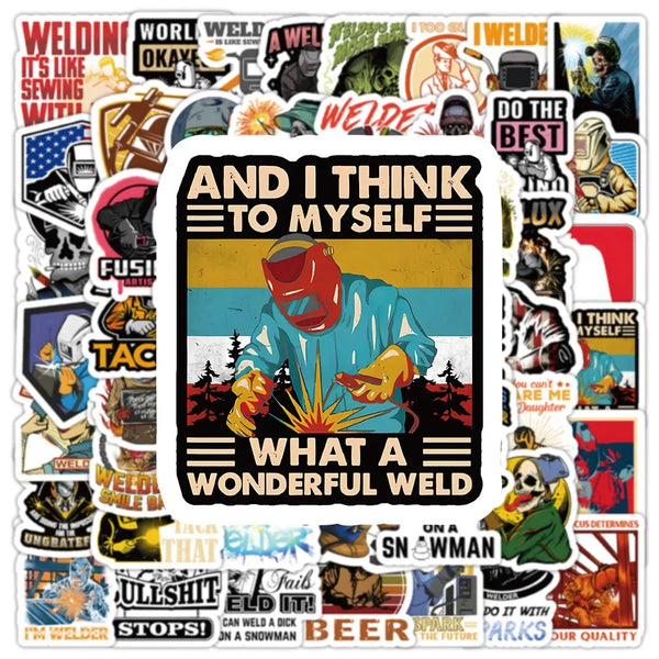 A collection of cartoon welder graphic stickers featuring various welding tools and related text.