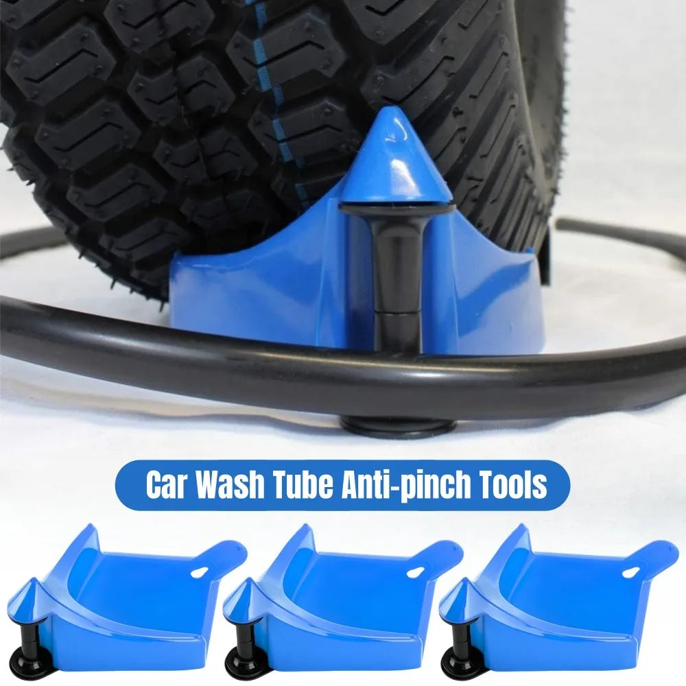 Blue anti-pinch tools for car wash tubes featuring a plastic guide and roller wedge